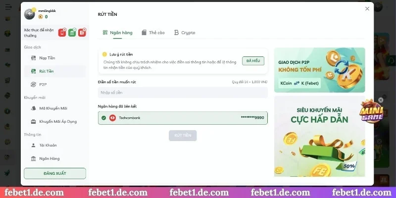 Hướng dẫn rút tiền FEBET